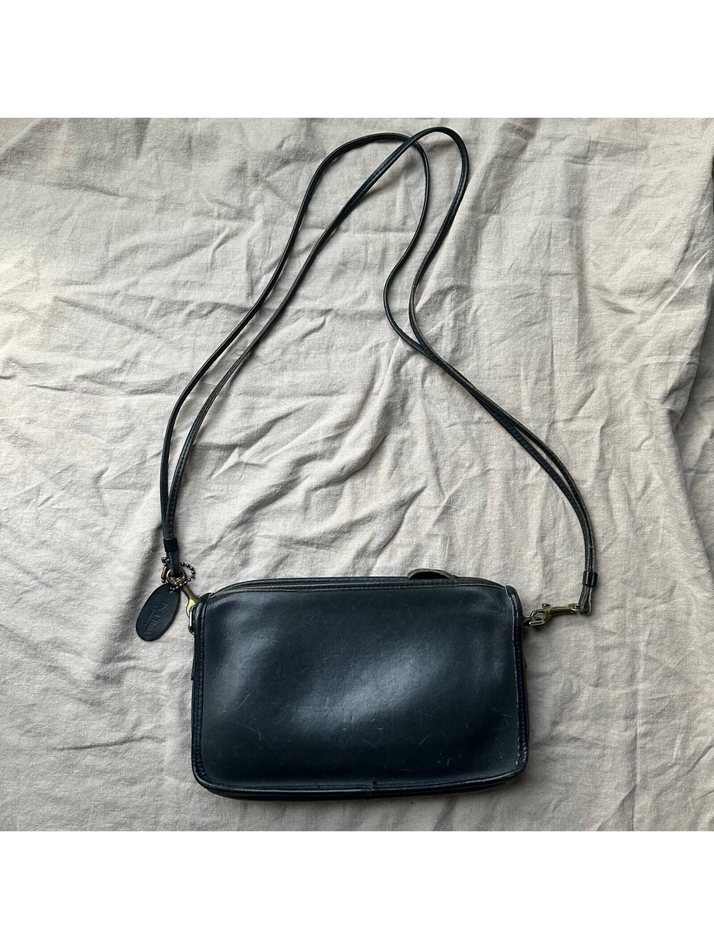 Vintage Jos A. Bank Genuine Leather Crossbody Bag Black Navy Minimalist Retro